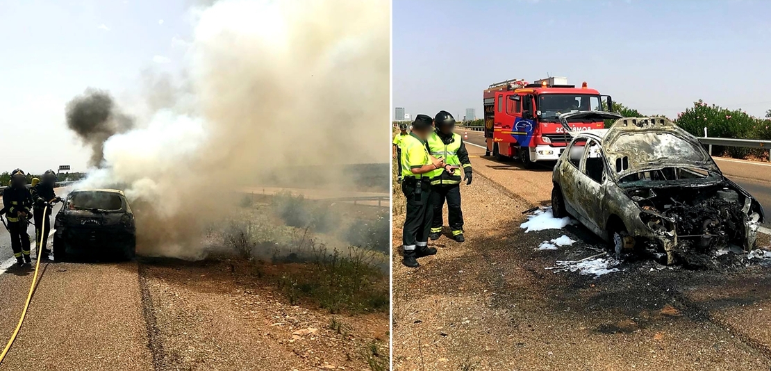 Sale ardiendo un coche mientras circulaba entre Mérida y Almendralejo