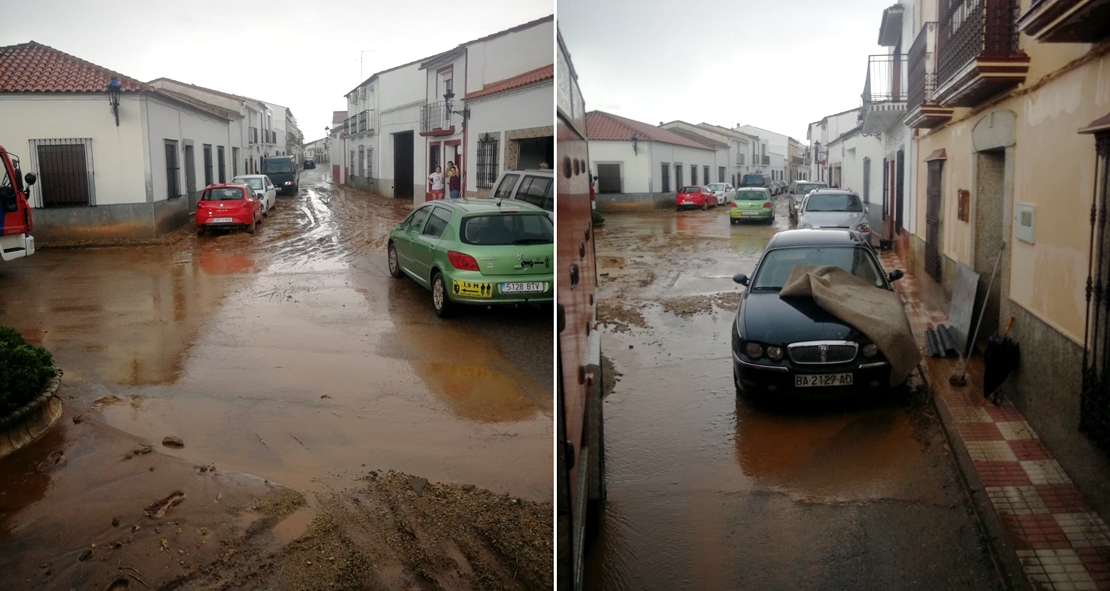 Una tromba de agua inunda el pueblo pacense de La Morera