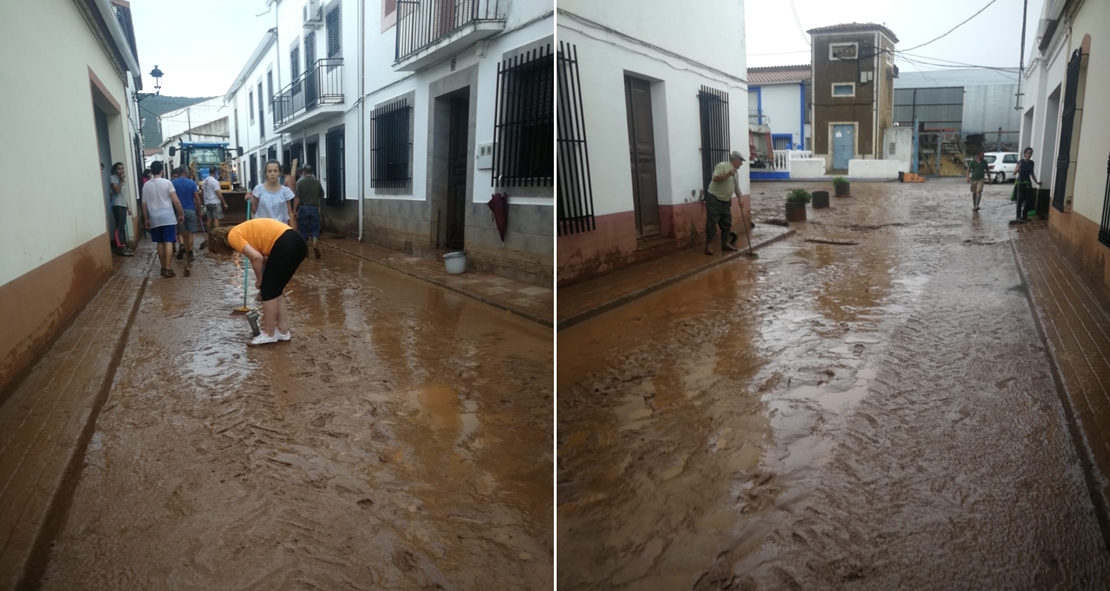 Una tromba de agua inunda el pueblo pacense de La Morera