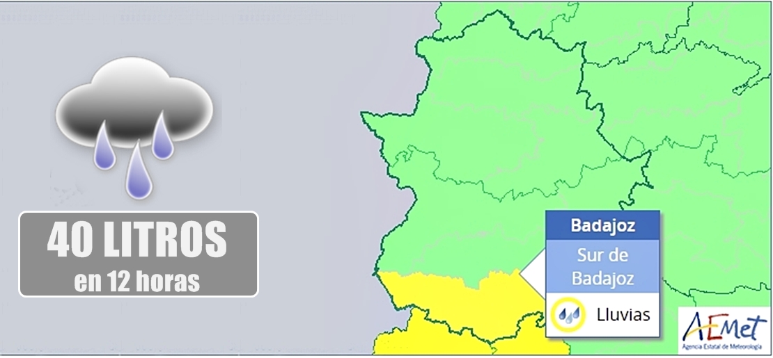 La mitad sur de Badajoz en aviso amarillo por lluvias este viernes