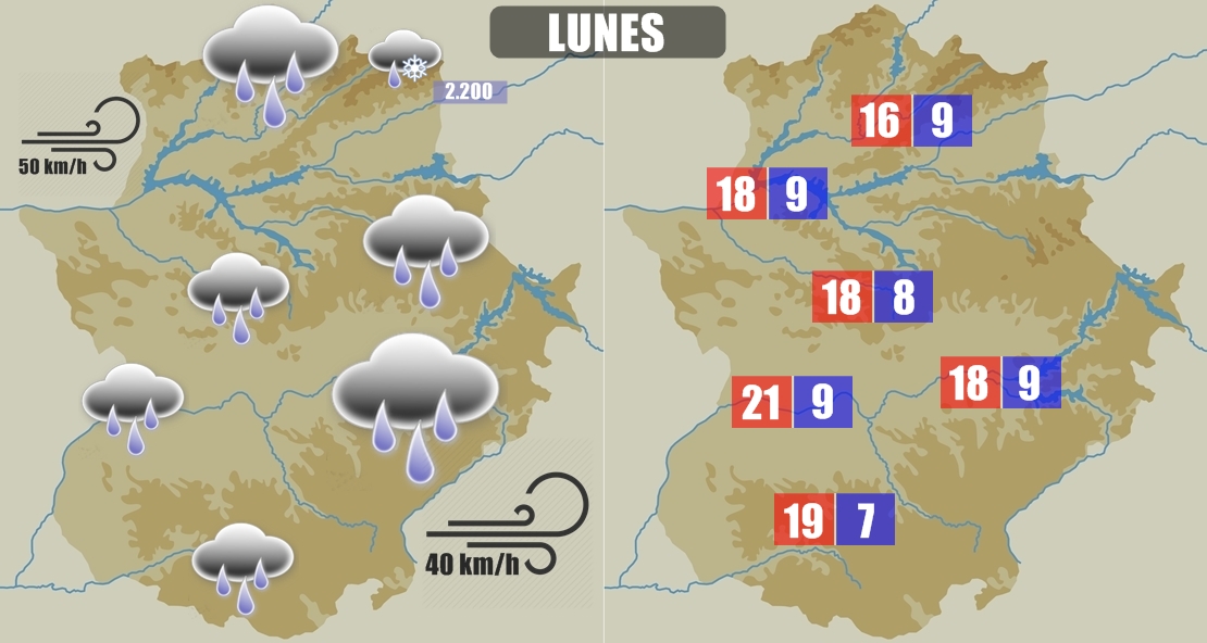 El lunes será un día muy lluvioso en Extremadura