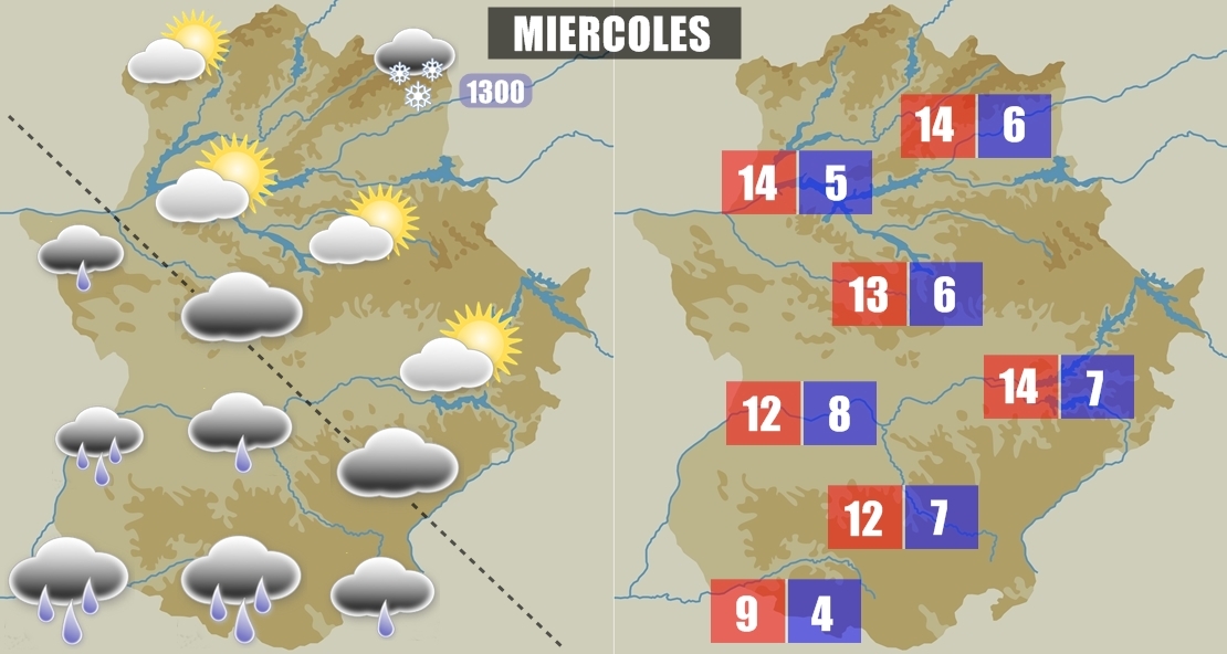 MIÉRCOLES: Precipitaciones en la diagonal suroeste extremeña