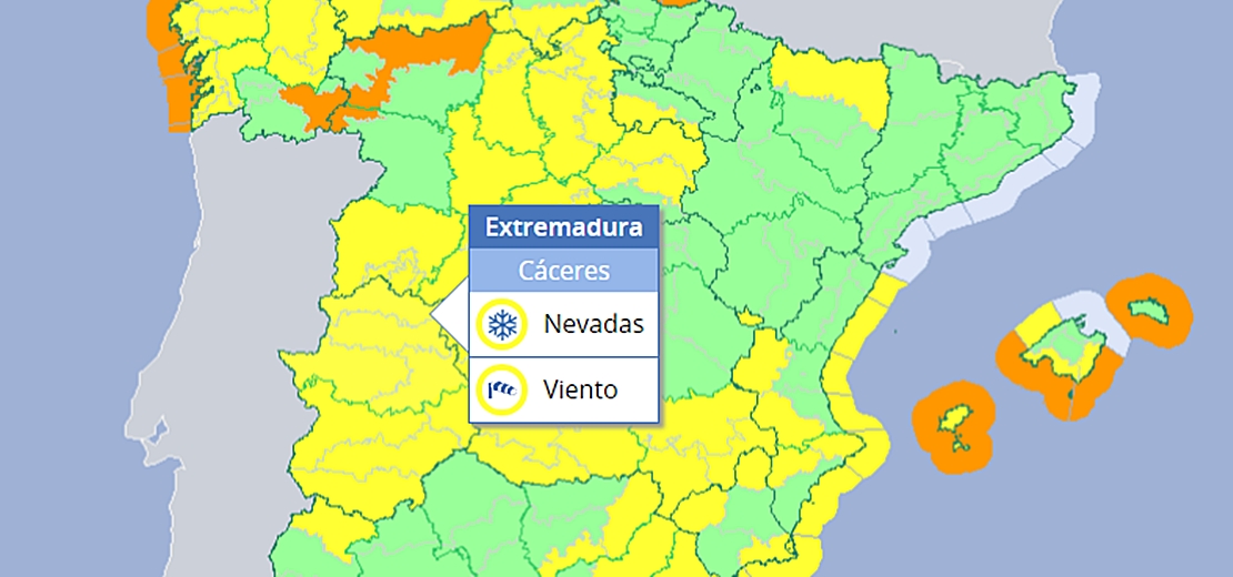 Activados avisos por lluvia, viento y nieve en Extremadura