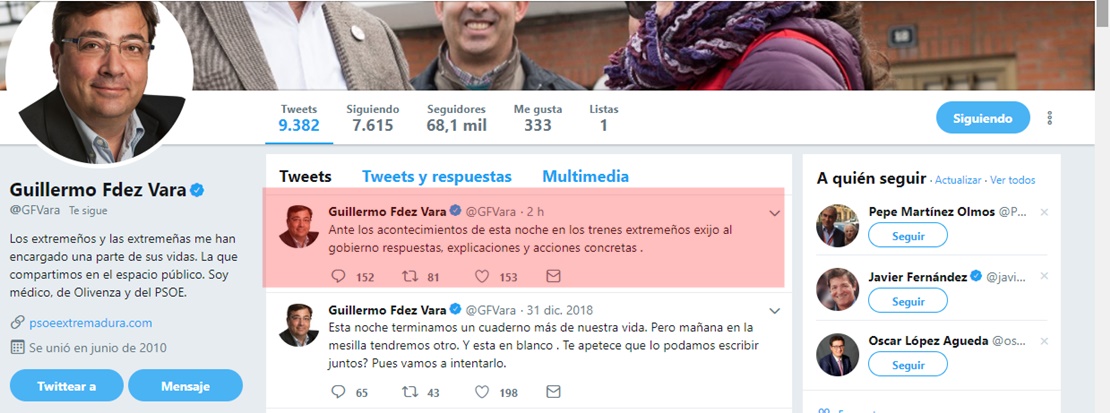 Un tuit de Vara exigiendo explicaciones por el tren causa indignación y choteo