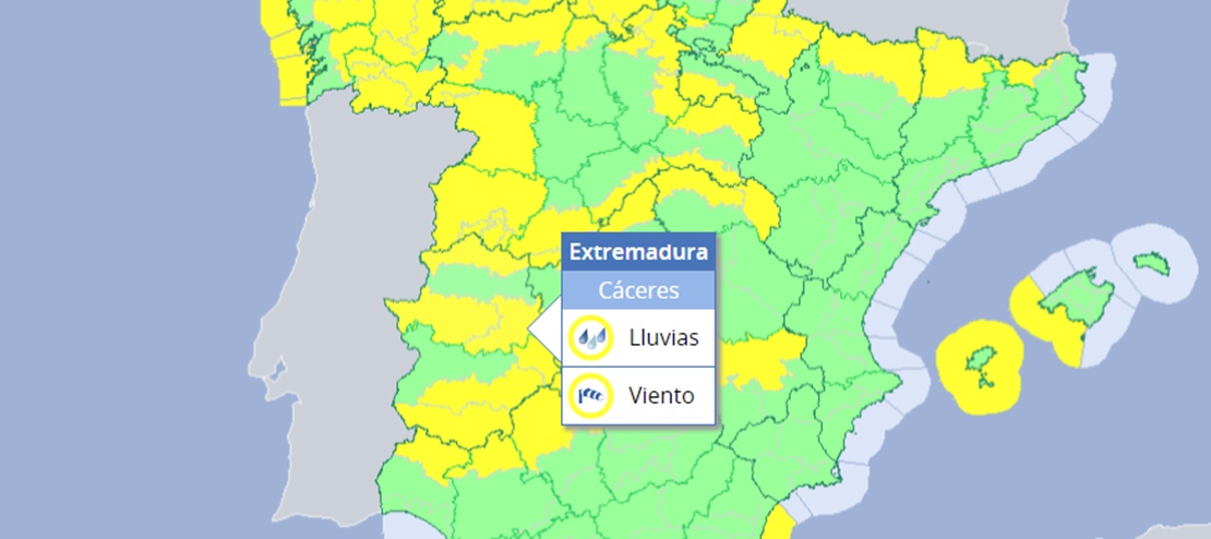 Alerta amarilla por lluvias y vientos en varias zonas de Extremadura