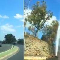 Una gran columna de agua sorprende a los conductores a su entrada a Badajoz