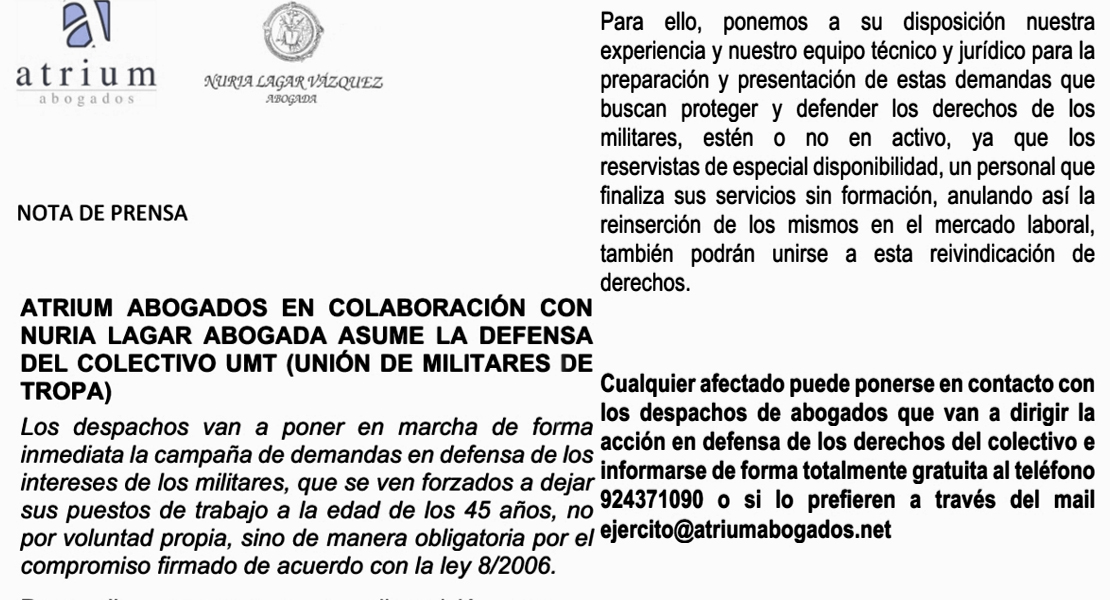 Dos estudios de abogados extremeños defenderán jurídicamente a los militares asociados a la UMT