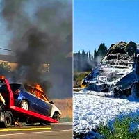 Sale ardiendo un coche justo cuando iba a ser subido a la grúa en Villafranca