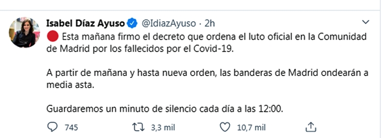 Tweet polémico: Minuto de silencio por la víctimas del COVID-19 en Madrid