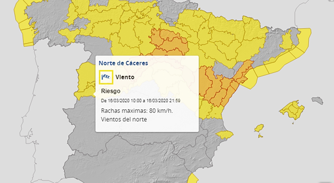 El norte de la provincia de Cáceres en alerta amarilla por viento