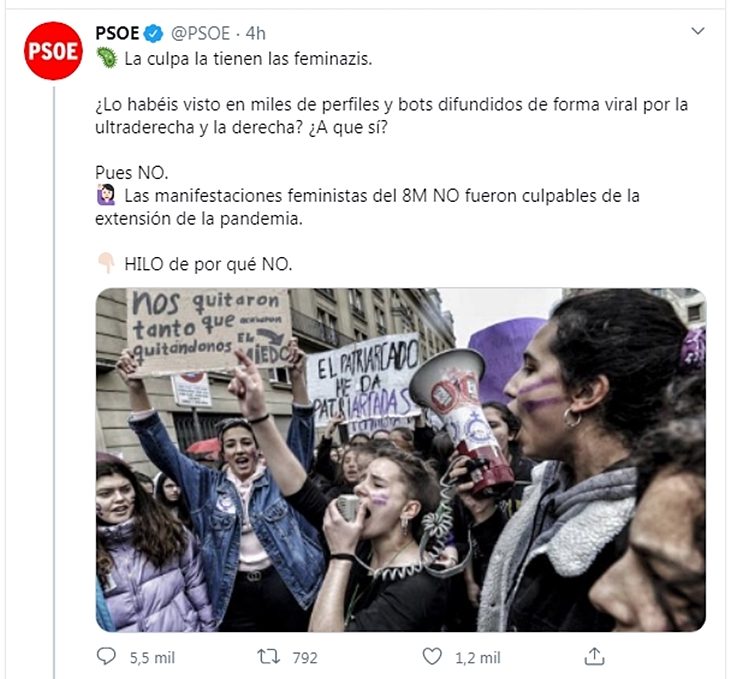 PSOE: “El 8M no fue culpable de la extensión de la pandemia”