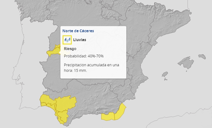 Alerta amarilla por lluvias en el norte de Cáceres