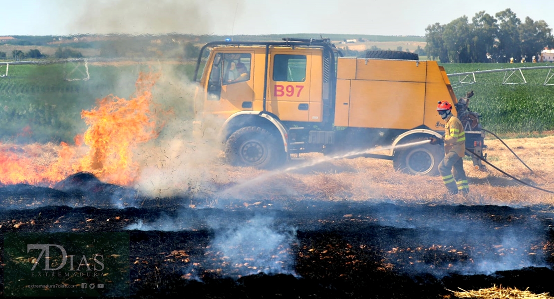 Incendio en campos de cultivo de la carretera de Olivenza a Badajoz