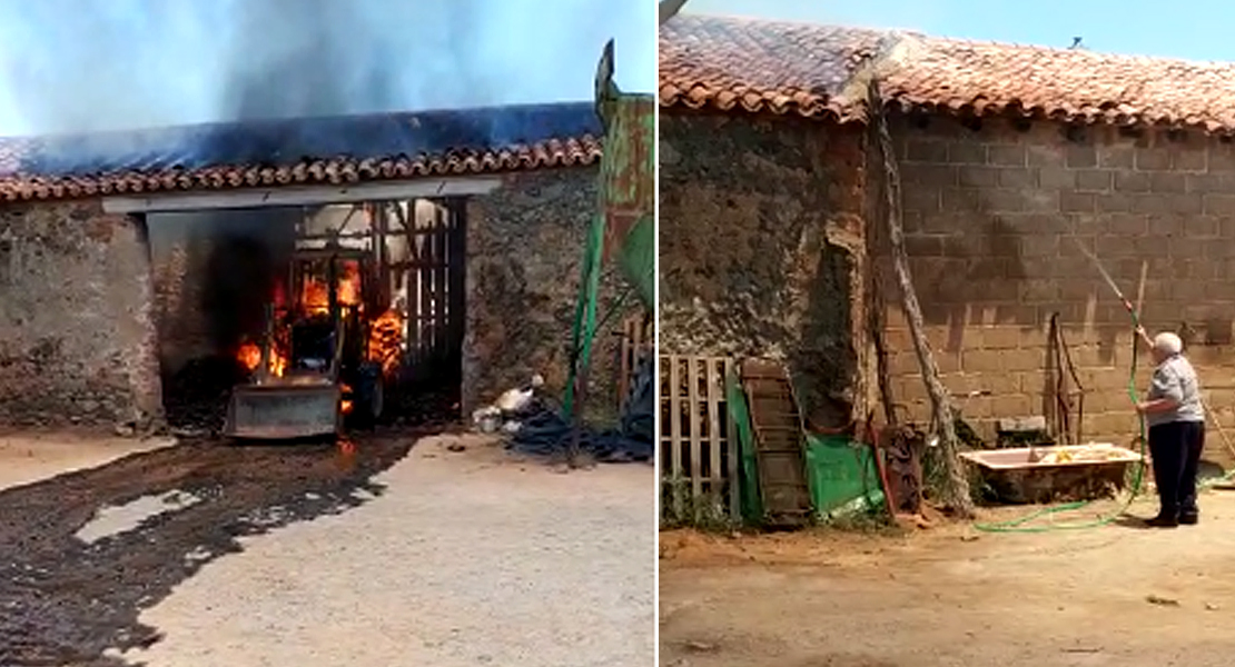 Incendio de un tractor en un corralón de Higuera de la Serena (Badajoz)