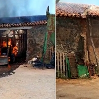 Incendio de un tractor en un corralón de Higuera de la Serena (Badajoz)