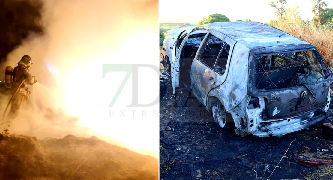 Un punto limpio y un vehículo quemados de madrugada en Badajoz