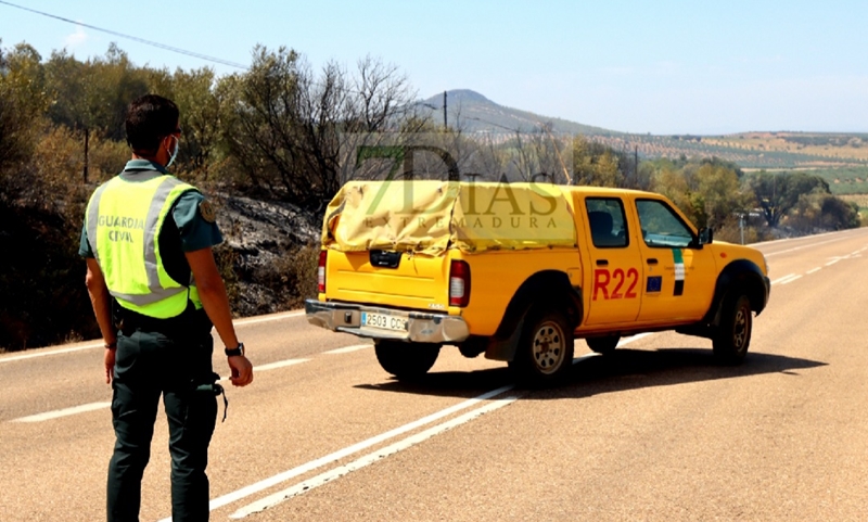 Bomberos Forestales intentan controlar un incendio en la Sierra Amador (Oliva de Mérida)