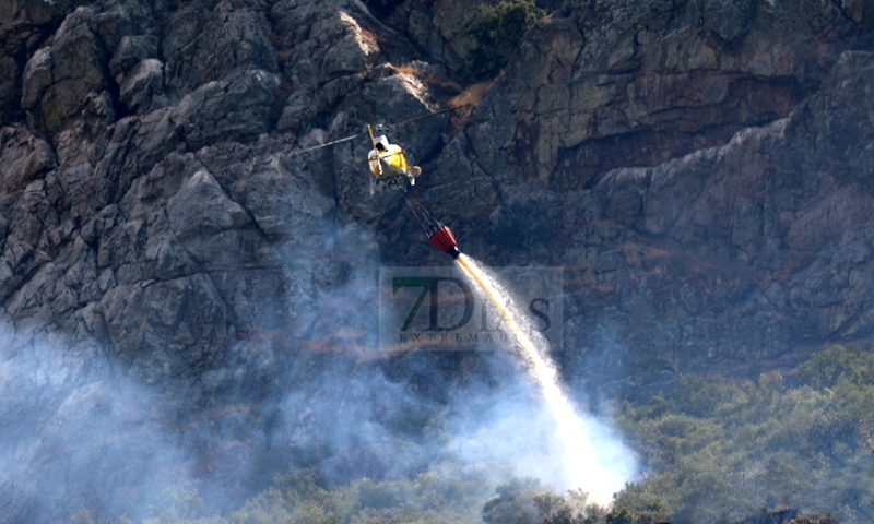 Bomberos Forestales intentan controlar un incendio en la Sierra Amador (Oliva de Mérida)