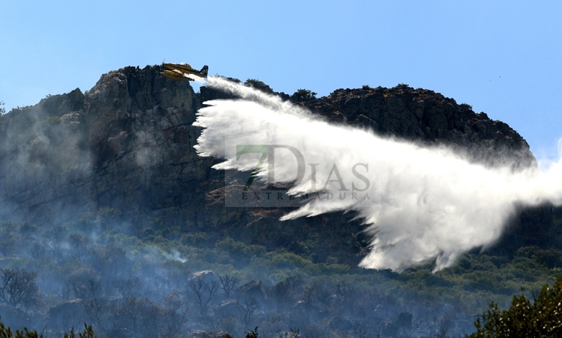 Bomberos Forestales intentan controlar un incendio en la Sierra Amador (Oliva de Mérida)