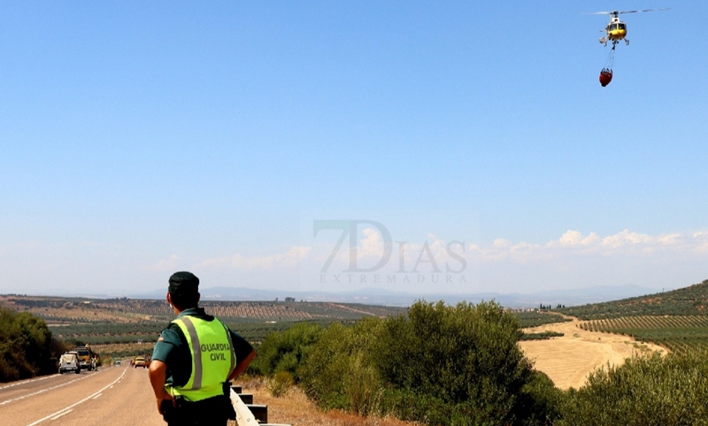 Bomberos Forestales intentan controlar un incendio en la Sierra Amador (Oliva de Mérida)