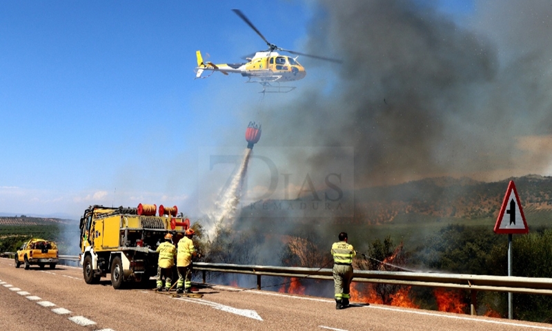 Bomberos Forestales intentan controlar un incendio en la Sierra Amador (Oliva de Mérida)