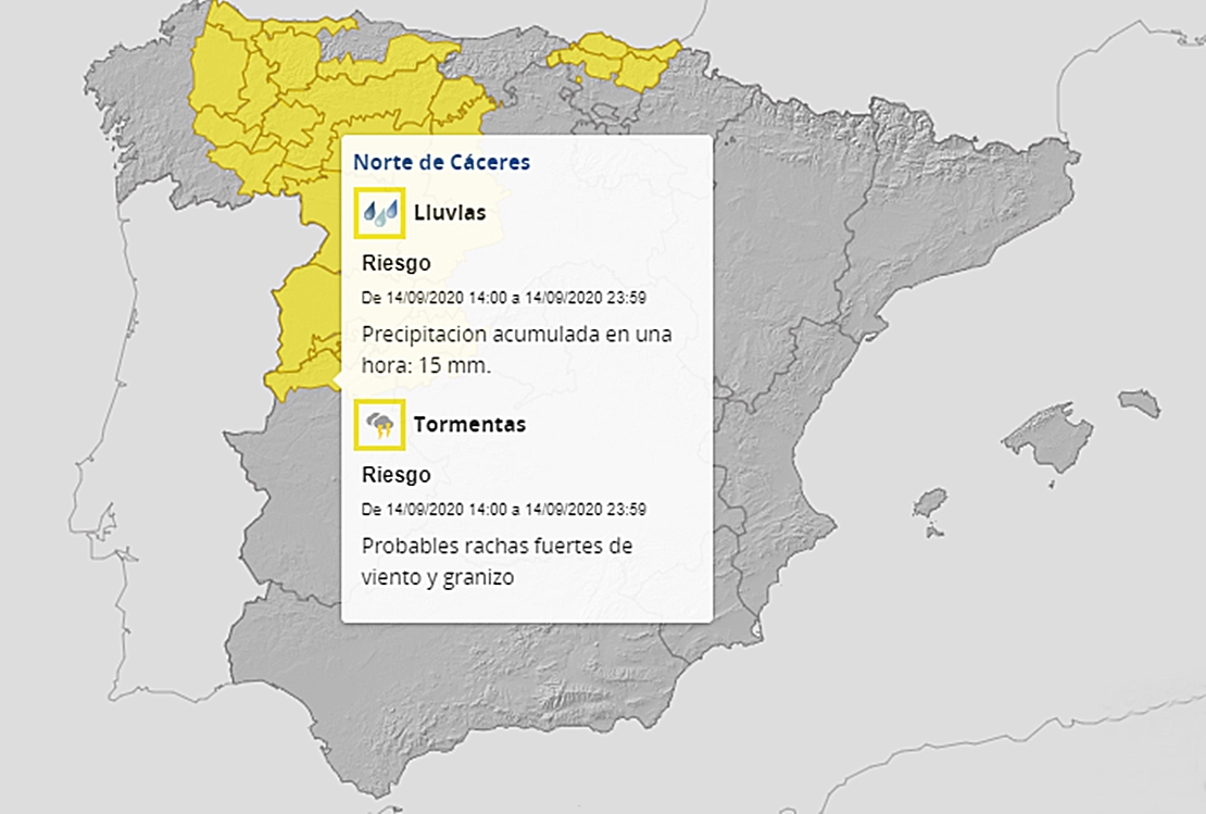 Alerta amarilla por tormentas, fuertes rachas de viento y granizo en el norte cacereño