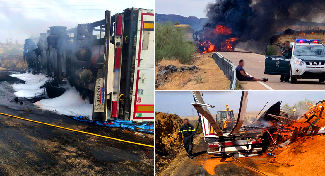 Vuelca un camión, sale ardiendo y provoca un incendio forestal en la EX-103