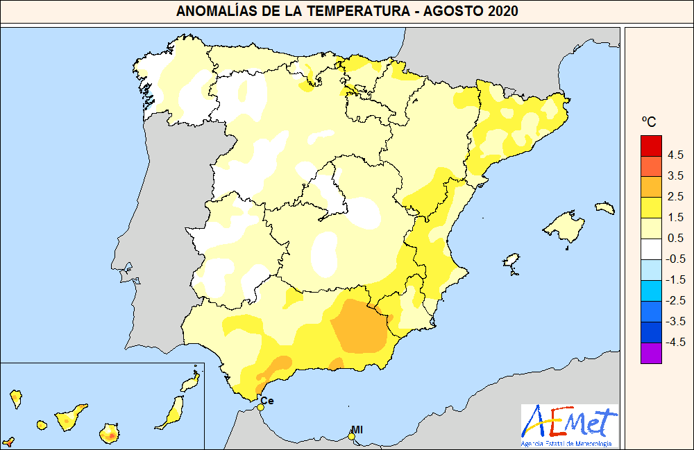 AGOSTO 2020: El noveno más cálido en España en el siglo XXI y más lluvioso de lo normal