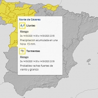 Alerta amarilla por tormentas, fuertes rachas de viento y granizo en el norte cacereño