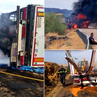 Vuelca un camión, sale ardiendo y provoca un incendio forestal en la EX-103