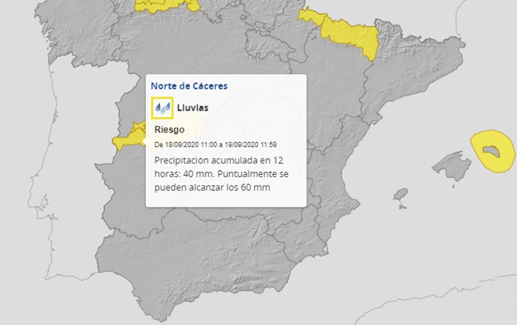 Alerta amarilla por lluvias en el norte de Cáceres