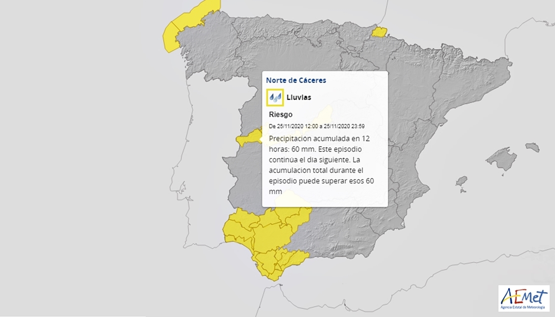 Activan la alerta amarilla por lluvias en el norte de Cáceres