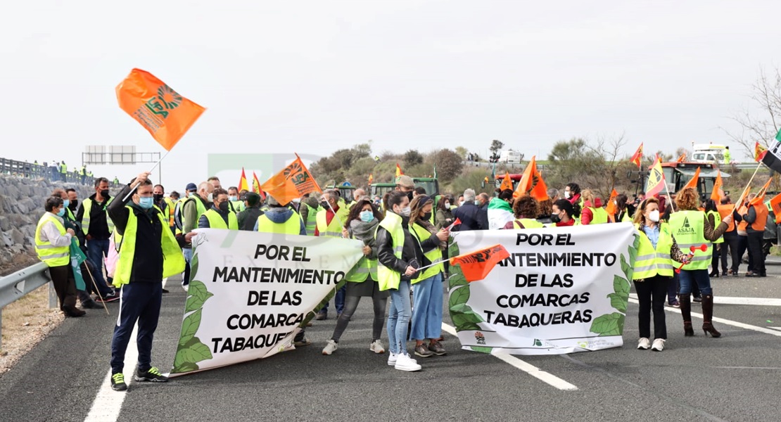 Agricultores extremeños cortan la Autovía A-5 durante horas en defensa del tabaco