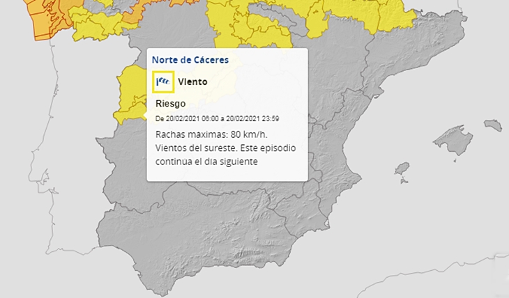 Alerta amarilla por fuertes vientos en el norte de Cáceres