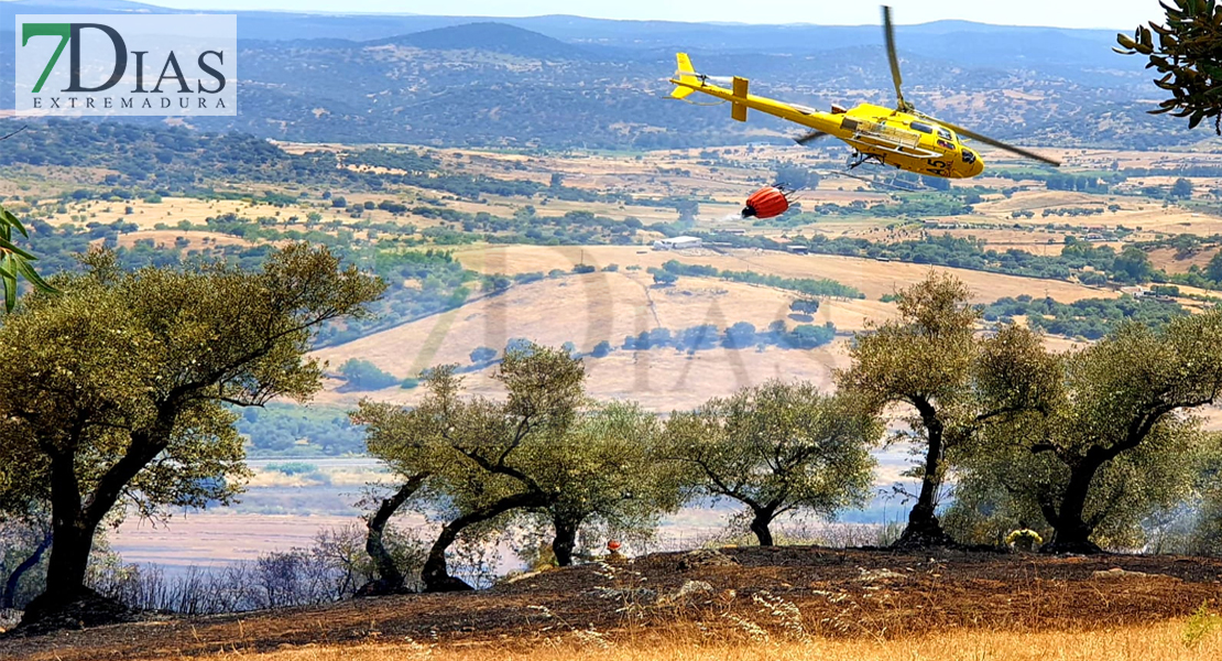 Amplio dispositivo para controlar un incendio forestal cerca de Jerez de los Caballeros (BA)