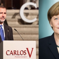 El Rey preside la ceremonia de entrega del Premio Carlos V a Angela Merkel en el Monasterio de Yuste