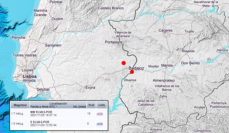 Se registran dos terremotos en las inmediaciones de Elvas/Badajoz