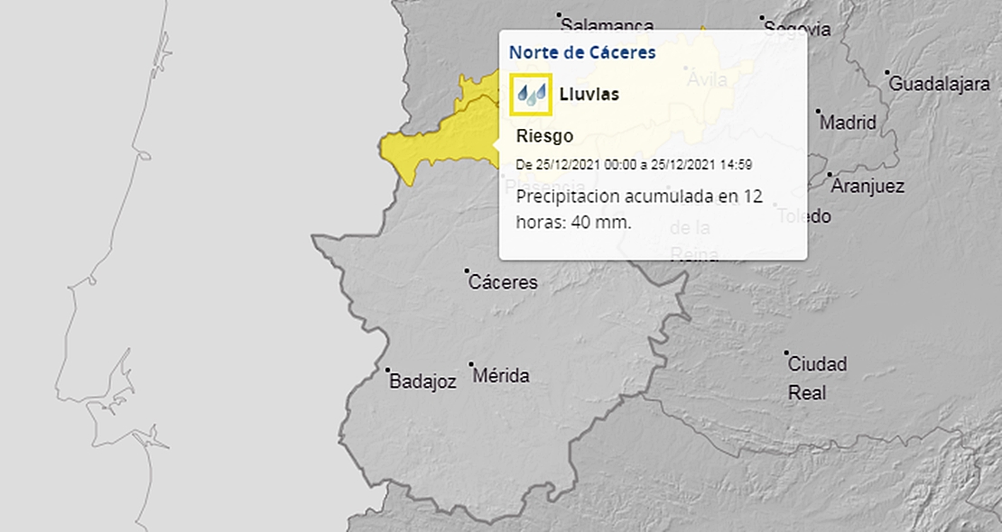 Alerta amarilla en el norte extremeño para el día de Navidad
