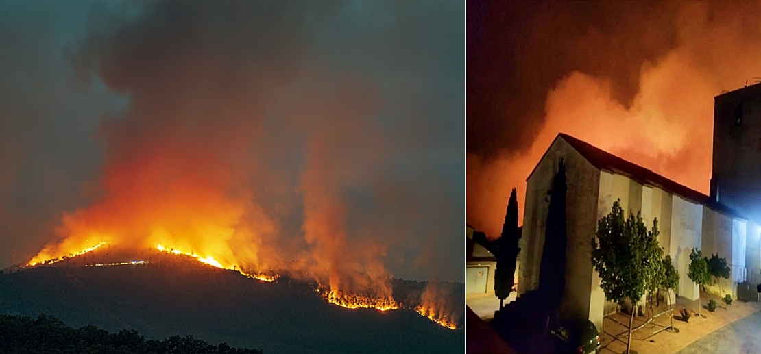 Madrugada complicada. El incendio salta la Autovía A5 y obliga a cortarla