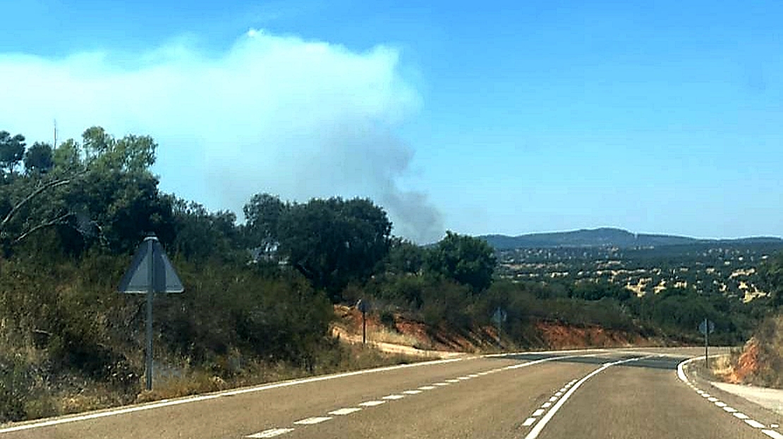 Un amplio dispositivo lucha contra un incendio forestal cercano a la N-521