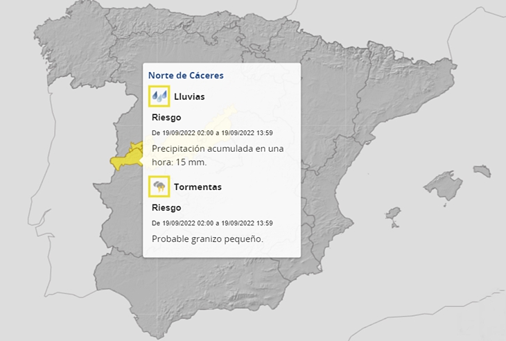 El 112 activa la alerta amarilla en el norte extremeño por lluvias y tormentas