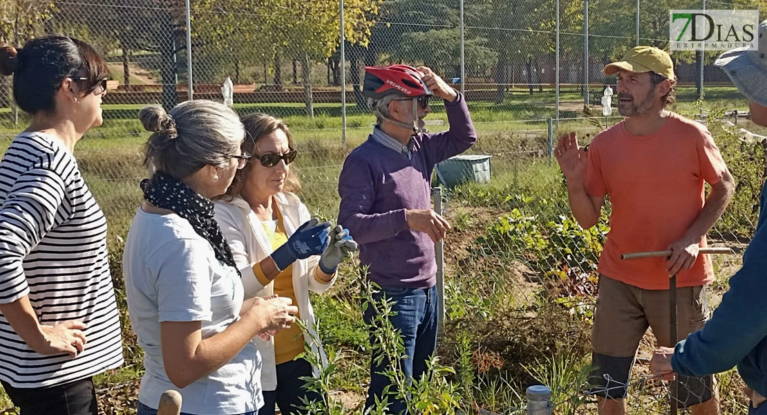 Un experto imparte un taller práctico en los huertos urbanos de Suerte de Saavedra en Badajoz