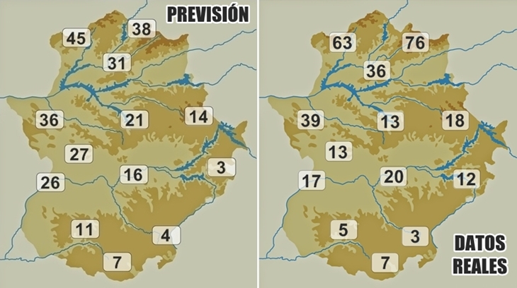 Litros por m/2 caídos este martes en Extremadura