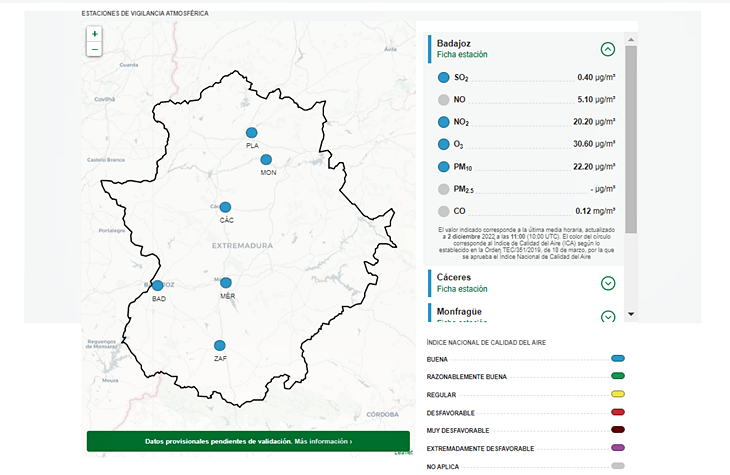 Una web ofrece datos en tiempo real de la contaminación en Extremadura
