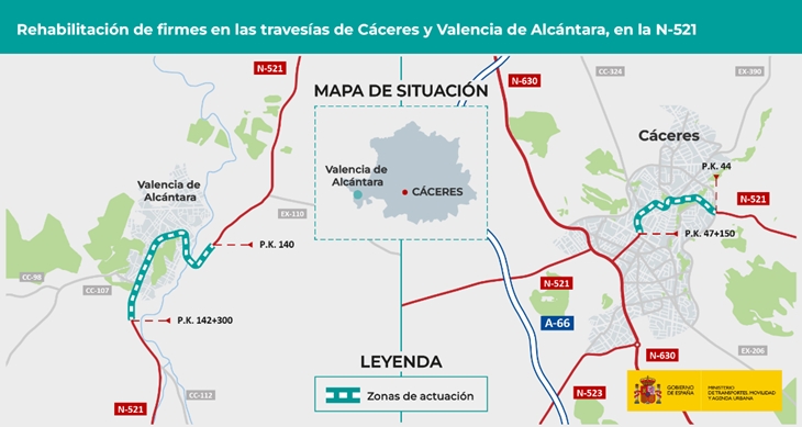 Obras de rehabilitación de varias travesías extremeñas en la carretera N-521