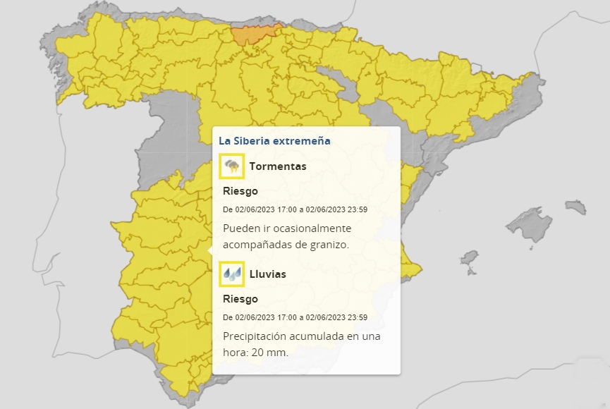 Amplían la alerta amarilla por lluvias y tormentas a toda Extremadura