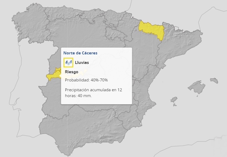 Amplían la alerta amarilla por fuertes lluvias en Extremadura