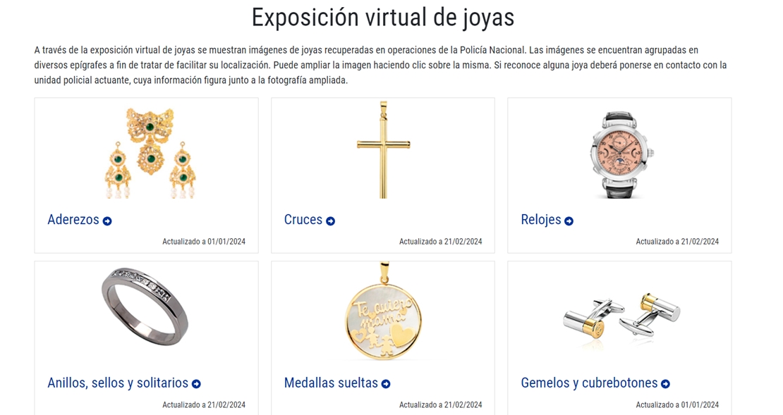 La Policía Nacional expone en sus web miles de joyas y objetos de valor recuperados en operaciones