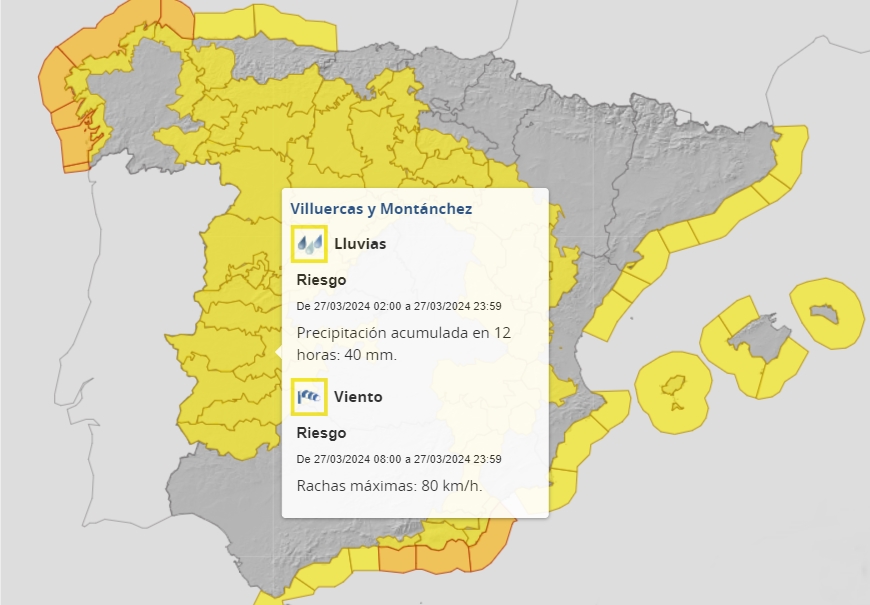 Toda Extremadura en alerta por lluvias y rachas de viento de hasta 80km/h