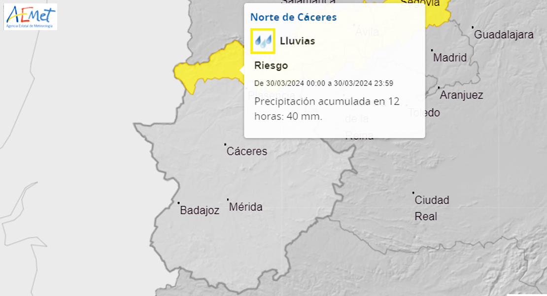 La lluvia pone en alerta el norte de Extremadura este sábado